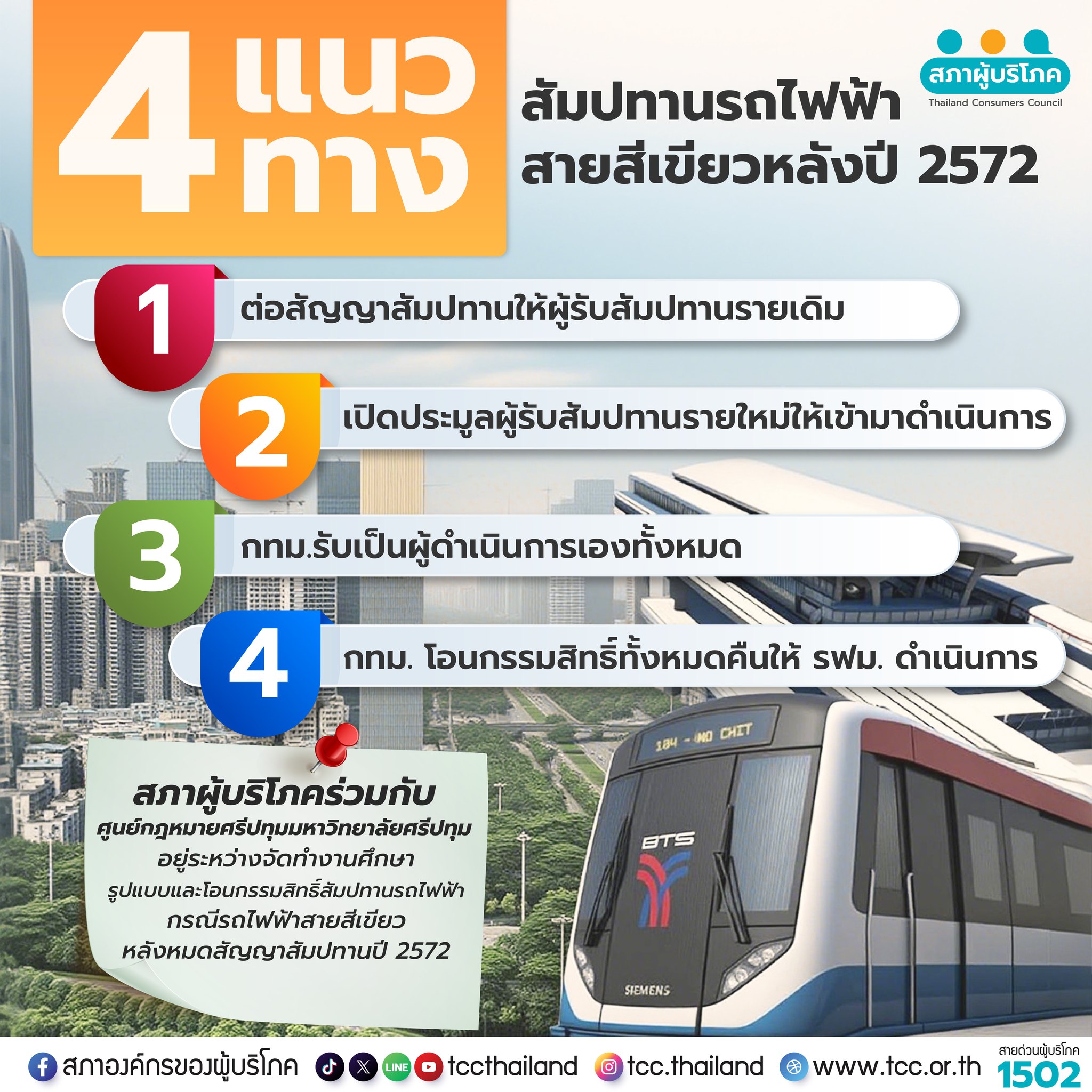 สภาผู้บริโภค เปิดผลศึกษา 4 แนวทางบริหารสายสีเขียวหลังหมดสัมปทาน ยันใช้ 20 บาทได้ทุกสูตร : อินโฟเควสท์