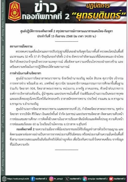 ศูนย์ปฏิบัติการกองทัพภาคที่-2-สรุปสถานการณ์การตามแนวชายแดนไทย-กัมพูชา-ประจำวันที่-15-กันยายน-2568-(ณ-เวลา-1400-น.)