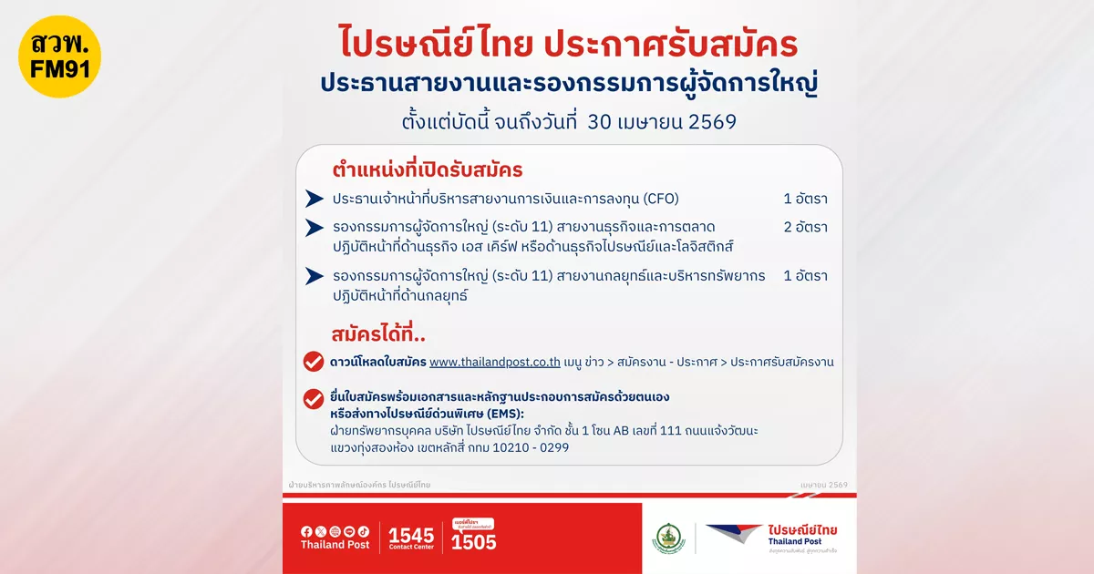 ไปรษณีย์ไทยเปิดสรรหาผู้บริหารระดับสูง-cfo-และรองกรรมการผู้จัดการใหญ่-4-อัตรา-รับสมัครตั้งแต่วันนี้-–-30-เมษายน-2569