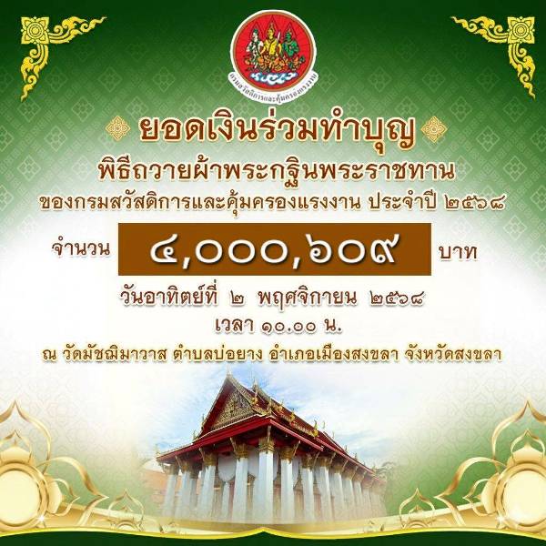 กรมสวัสดิการและคุ้มครองแรงงาน-ถวายผ้าพระกฐินพระราชทาน-ประจำปี-2568-ณ-วัดมัชฌิมาวาส-ตำบลบ่อยาง-จังหวัดสงขลา