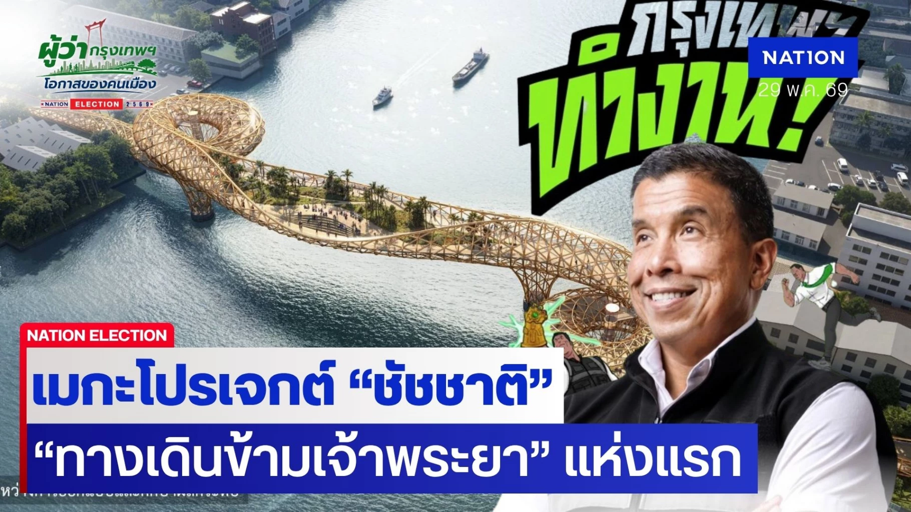 “ชัชชาติ” เมกะโปรเจกต์ “ทางเดินข้ามเจ้าพระยา” แห่งแรก เชื่อมขนส่ง รถ-ราง-เรือ สัญจรสะดวก ปลอดภัย 24 ชม.