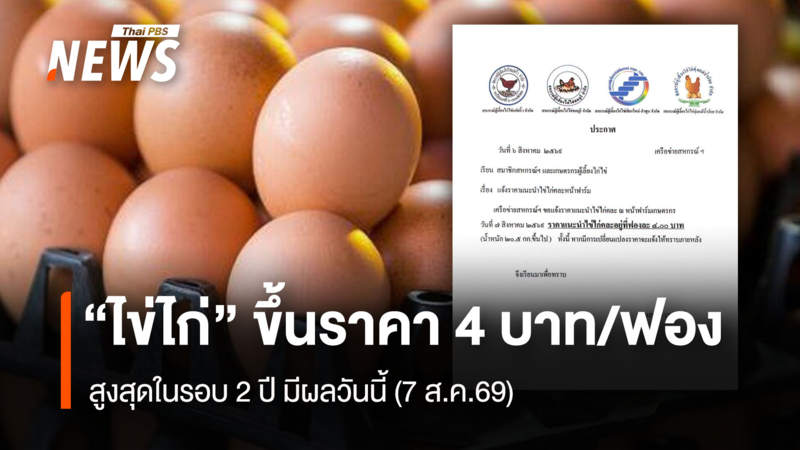 “ไข่ไก่” ขึ้นราคา 4 บาท/ฟอง  สูงสุดในรอบ 2 ปี มีผลวันนี้ (7 ส.ค.69)