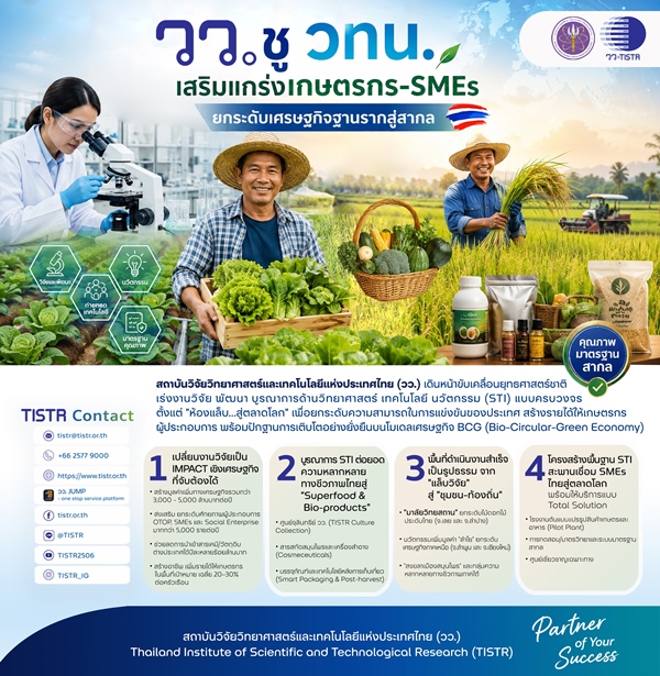 วว. ชู วทน. เสริมแกร่งเกษตรกร-SMEs ยกระดับเศรษฐกิจฐานรากสู่สากล