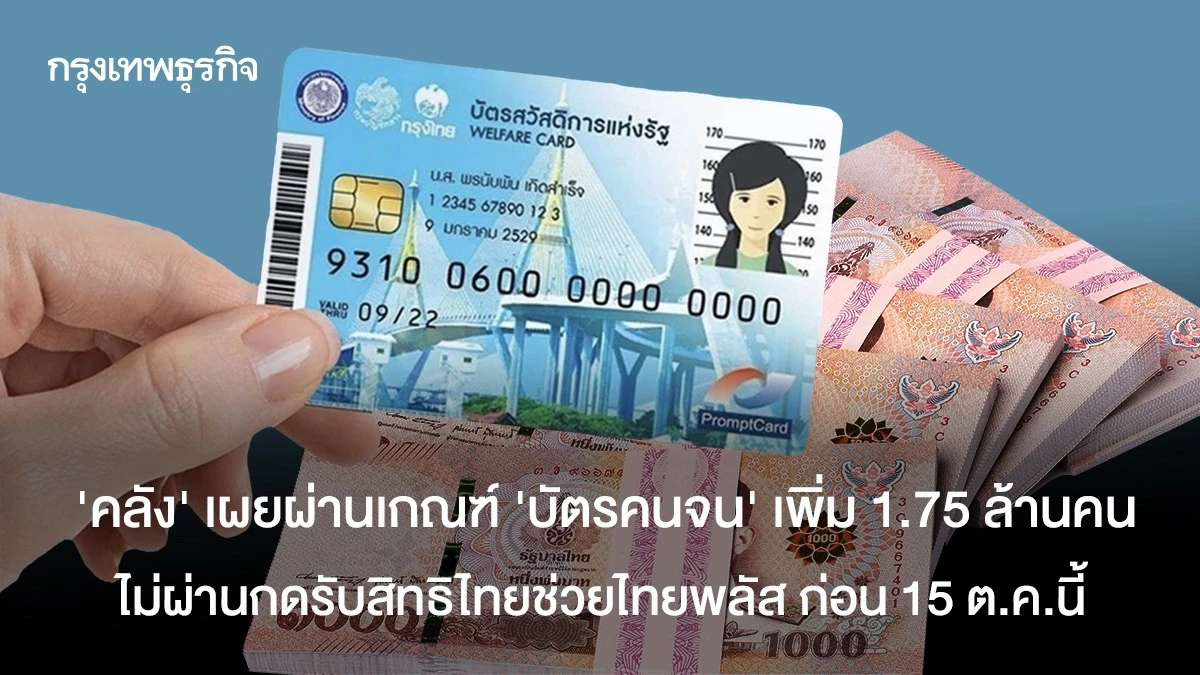‘คลัง’ เผยผ่านเกณฑ์ ‘บัตรคนจน’ เพิ่ม 1.75 ล้านคน ไม่ผ่านกดรับสิทธิไทยช่วยไทย พลัส ก่อน 15 ต.ค.69 นี้